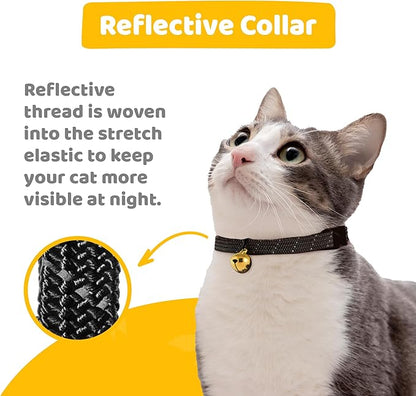 BirdsBeSafe® Break Away Cat Collar with Bell, Reflective Thread for Night Visibility, Comfortable Elastic Stretch Cat Collar to Protect Cat from Getting Stuck in The Garden.
