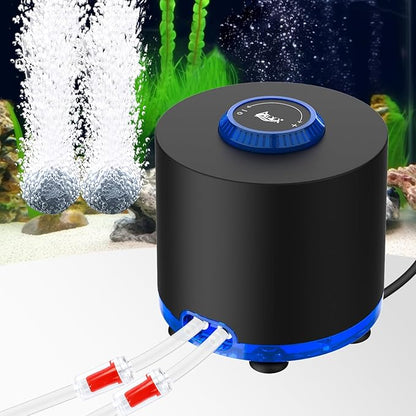 AQQA Aquarium Air Pump, Quiet Powerful Fish Tank Air Pump 3W/6W/10W with Stainless Steel Dual Outlet, Adjustable Oxygen Aerator Pump with Air Stone Bubbler for Fish Tank Up to 200 Gallon 6W (Tubby)