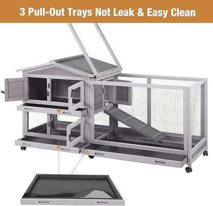 Bunny Cage Indoor and Outdoor Rabbit Hutch with Casters Waterproof Roof, Pull Out Tray from Back and Front 61.2" L x 22.6" W x 33.5" H