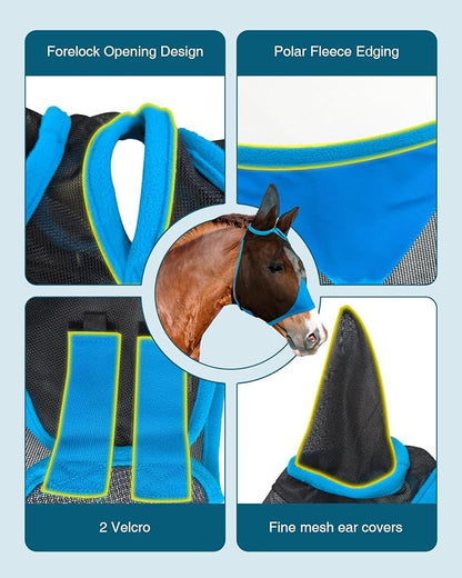 Hilltown Adjustable Fly Mask for Horse with Ears - UV-Block, Large Eye Space, Breathable, Built to Last, Comfort Fit - Horse Fly Mask for Daily Stable, Hot Weather Riding & Competition - Cob, Blue