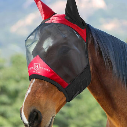 Harrison Howard Pro Luminous Horse Fly Mask Standard with Ears UV Protection for Horse Scarlet Red/Black Medium Cob