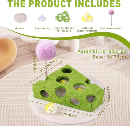 Interactive Cat Puzzle Toy for Indoor Cats & Kittens - Fun Track Balls & Spring Teaser in Stimulating Felt Puzzle Box (Green) - Mental Enrichment Game
