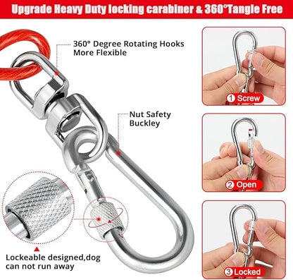 Jenico Dog Tie Out Cable, 10/15/20/30/40/50/70/100/150FT Runner Cable with Swivel Hook and Shock Spring, Yard and Camping Dog Leash Run Tether, Up to 500 LBS