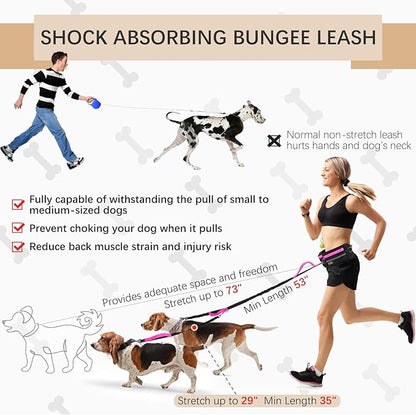 Hands-Free Dog Leash with Pouch, Waist Leash for Walking Two Dogs, Reflective Stitching, Dual Handle, Bungee Retractable for Medium to Large Dogs - Pink,Dog Walking Accessories