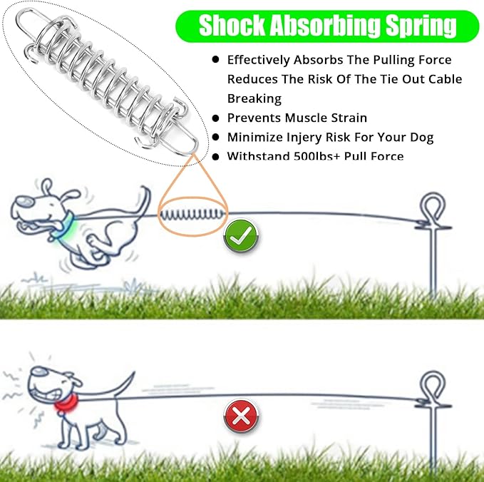 jenico Dog Tie Out Cable, 10/15/20/30/40/50/70/100/150FT Runner Cable with Swivel Hook and Shock Spring, Dog Leash Run Tether for Yard Outdoor and Camping,for Small to Medium Pets Up to 500 LBS