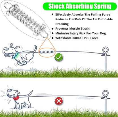 Jenico Dog Tie Out Cable - 10/15/20/30/40/50/70/100/150FT Runner Cable with Swivel Hook and Shock Spring, Outdoor and Camping Dog Leash Run Tether for Small to Medium Pets Up to 500 LBS