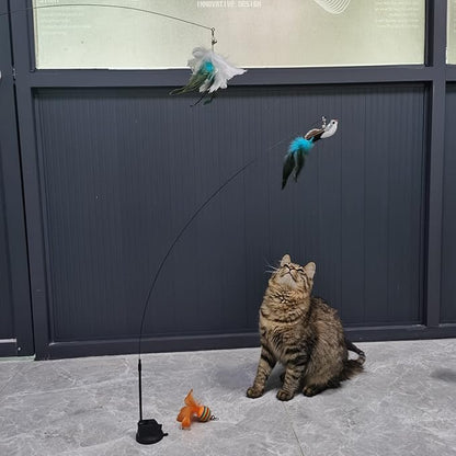 Interactive Cat Feather Toy with Super Suction Cup & Bonus Double-Sided Nano Adhesive – 3 Replaceable Feathers, Bell & Spring Wand – Fun Exercise for Indoor Cats & Kittens (Fly Bird Blue)