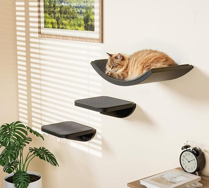 Wall Mounted Curved Cat Hammock with Grey Sisal Pad – Scratch-Friendly Cat Nest Perch for Wall – Large Floating Bed for Indoor Cats
