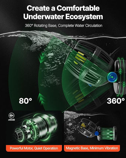 VEVOR Aquarium Wave Maker, 20W, 2113 GPH Quiet and Strong DC Powerhead, Adjustable Fish Tank Circulation Pump with Controller, Strong Magnetic Base, 360° Rotating Wavemaker, for Freshwater Saltwater