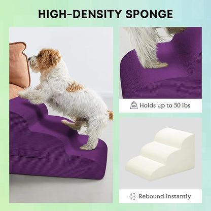 Dog Steps for Small Dogs, 4-Step Dog Ramp and Stairs for High Beds and Sofa, Non-Slip Pet Stairs Removable and Easy to Clean Cover, Purple