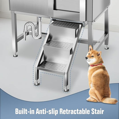 38" Pet Dog Bathing Station W/Stairs, Professional Stainless Steel Dog Grooming Tub W/Soap Box, Faucet,Rich Accessory, Dog Bathtub for Large,Medium,Small Pets, Washing Sink for Home,R-RAMP