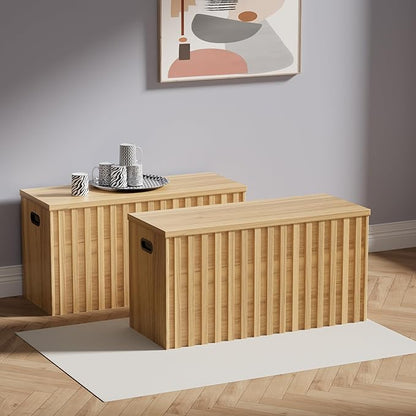 UEV Storage Bench Set of 2, 39.4" Wood Box, Storage Trunk with 2 Safety Hinges, Ottoman Storage Chest Set of 2, Fluted Storage Bench for Bedroom, Shoe Bench for Bedroom, Living Room (Natural Wood)