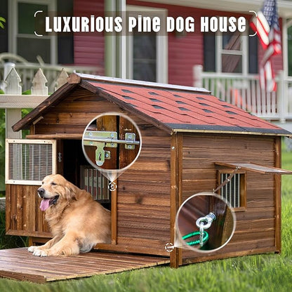Extra Large Dog House Outdoor Made of Solid Pine Wood, Warm Doghouse, Dog House with Elevated Floor for Large Dogs, (Wood, XL)