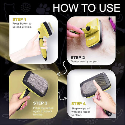 Pet Self Cleaning Slicker Brush and Grooming Comb - Gently Removes Loose Hair, Tangles, and Dirt - Skin Friendly Deshedding Grooming Tool for Hair Dogs & Cats - Pet Supplies Accessories (Yellow)