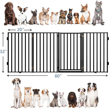 Free Standing Dog Gate with Door for Indoor Outdoor, Portable Dog Fence Foldable Design, Metal Black 32" Tall, Expandable 4 Panels Use for Front Door, Yard, Stairs