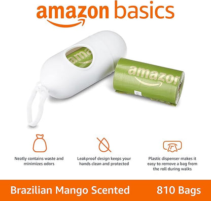 Amazon Basics Dog Poop Bags with Dispenser, 810 Count, Enhanced for Guaranteed Leakproof, Brazilian Mango Scented, Includes Leash Clip