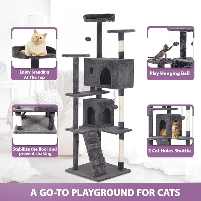 70" Light Gray XL Cat Tower for Indoor Cats – Multi-Level Condo with Scratching Posts & Hanging Toys