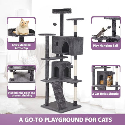 70" Light Gray XL Cat Tower for Indoor Cats – Multi-Level Condo with Scratching Posts & Hanging Toys