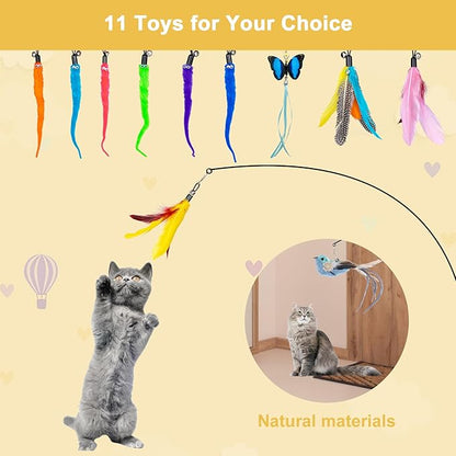 Cat Feather Toys, 14PCS With 2 Slots Super Suction Cup, Detachable 2PCS Wand & 11PCS Replacement Teaser Refills With Bell, Interactive Toy for Indoor Cats Kitten Play Exercise