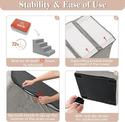 GGIB Non-Slip Pet Stairs for Small Dogs & Cats - 4-Step, Removable Washable Cover, Light Grey, 17" H