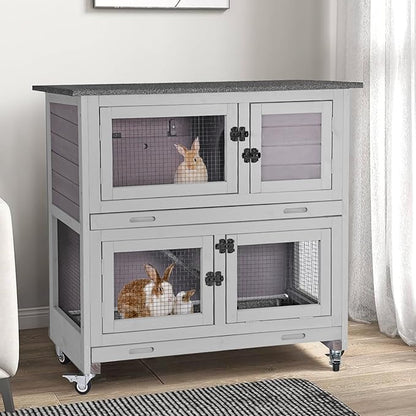 Gutinneen 2-Story Rabbit Hutch with Chew-Proof Ramp, 36" Indoor/Outdoor Rabbit Cage with 4 Casters & 2 Pull-Out Trays, Wooden Bunny Hutch Leakproof Small Animal Cage for Rabbits, Guinea Pigs