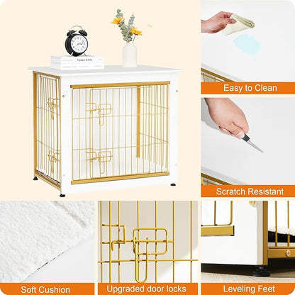 DWANTON Dog Crate Furniture with Cushion, Wooden Kennel Table with Double Doors, Indoor Dog House, Small/Medium/Large Size, 27.2" L, White