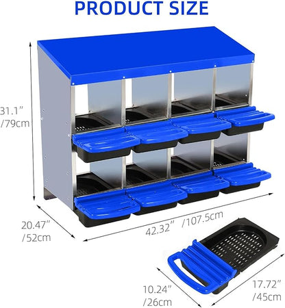 Chicken Nesting Boxes, 8 Hole Metal Chicken Laying Box with with Removable Trays and Roll Out Egg Collection for Chicken Coop, Blue