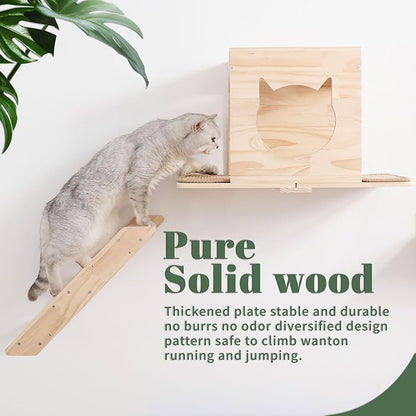 KVIDA Cat Wall Shelves Set – 5PCS Extra-Large Wall Mounted Cat Furniture with 2 Platforms, Sisal Scratching Post & Cat House – Solid Wood Climbing Wall for Large Indoor Cats