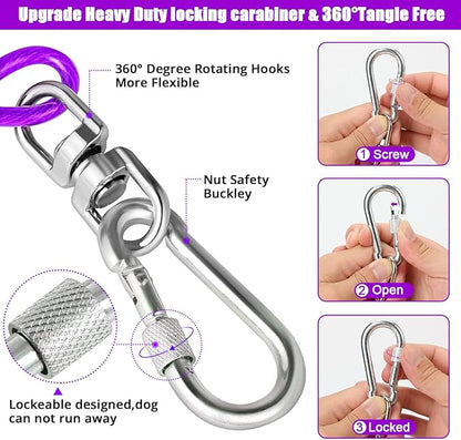 Jenico Dog Tie Out Cable, 10/15/20/30/40/50/70/100/150FT Runner Cable with Swivel Hook and Shock Spring, Yard and Camping Dog Leash Run Tether, Small to Medium Pets Up to 500 LBS