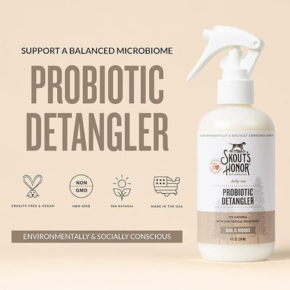 Skout's Honor Pet Detangler Spray - Hydrating & Conditioning with Avocado Oil & Probiotics, 97% Natural, Paraben & Sulfate-Free, softens for a More brushable Coat, Daily Use, 8oz, Dog of The Woods