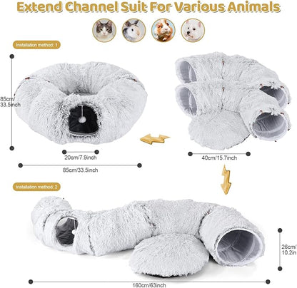 Odoland Cat Tunnel Bed with 20 Cat Toys - Indoor Plush Kitten Couch, Detachable Cats Cave Donut Tunnel & Soft Kitten Toy Set - Cozy Cat Furniture, White