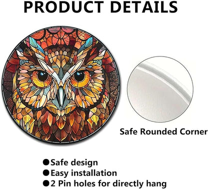 Lygond Metal Sign Tin Sign Circular Stained Glass Owl Metal Sign for Patio 8×8 Inches