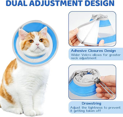 Breathable Air Mesh Cat Cone Collar Soft to Stop Licking, Adjustable, Foldable Lightweight Kitten Cones After Surgery Recovery for Cats & Kittens (Light Blue,M)
