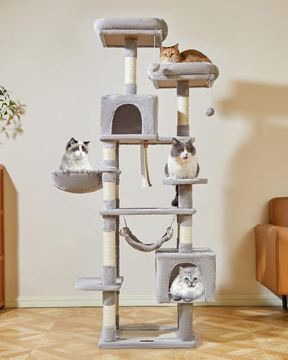 Taoqimiao Cat Tree, 71-Inch Cat Tree Cat Tower for Indoor Cats, Plush Multi-Level Cat Condo with 10 Scratching Posts, 2 Perches,Basket, 2 Caves,Hammock, 2 Pompoms,MS020W Light Gray