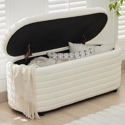 Storage Teddy Ottoman Bench Upholstered Fabric Storage Bench End of Bed Stool with Safety Hinge for Bedroom, Living Room, Entryway, Closet(44.5", White)