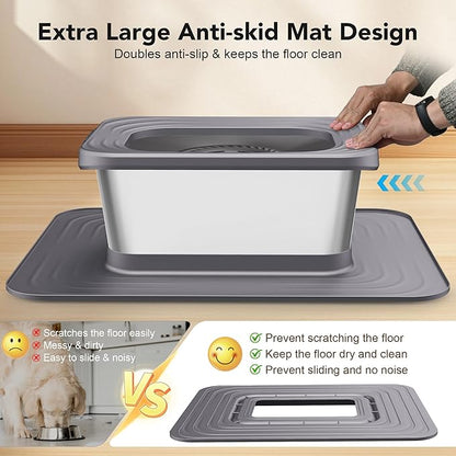 Decflow 10L Stainless Steel Dog Water Bowl, No Spill Anti-Splash Dog Bowls with XXL Silicone Mat, Spill-Proof Slow Feeder for Messy Drinkers, Heavy Duty Pet Bowls for Indoor/Outdoor Use Grey