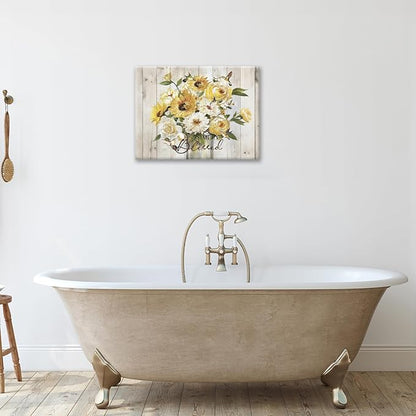 Sunflower Bathroom Pictures Wall Art, Simple Blessed Floral Bathroom Wall Decor, Flower Framed Painting Canvas Artwork for Bedroom Living Room Decorations 20"L x 16"W