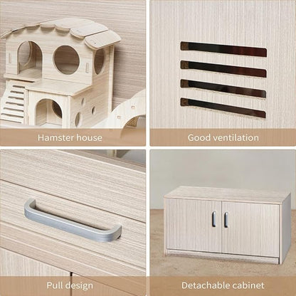 Large Hamster Cage, Wooden Hamster Cages and Habitats with Storage Cabinet and Openable Top Decorative Pet House Acrylic Panels for Hedgehog Gerbil and Rat (31.5"× 15.7"× 33.5")