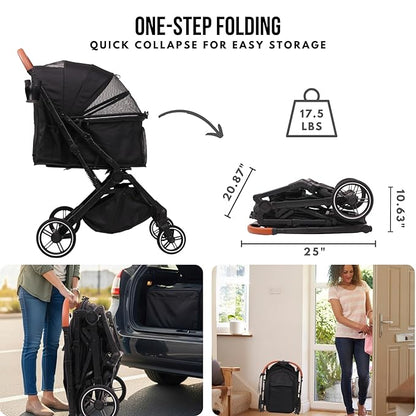 Pet Stroller for Small Medium Dogs Cats Up to 45 lbs, Travel Lite Collapsible, All Terrain 4 Wheels for Jogging, Running, Black