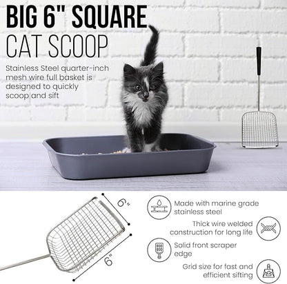 Sand Dipper Cat Poop Scooper & Chicken Poop Scooper - Rugged Big 6" Square Stainless Steel Long Handle for Home Kitty Litter Scoop & Farm Chicken Coop Scooper (Mid-Adjustable)
