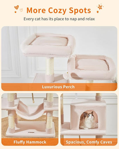 TaoqimiaoCat Tree Cat Tower for Indoor Cats, Plush Multi-Level Cat Condo with 12 Scratching Posts, 2 Perches, 2 Caves, Hammock, 2 Pompoms Jelly Pink