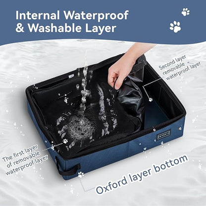 PETSFIT Travel Litter Box for Cats - Removable 2-Layer Leak-Proof Lining, Scratch-Resistant Fabric with Sturdy Support Frame, Cat Collapsible & Travel Litter Box Navy Blue