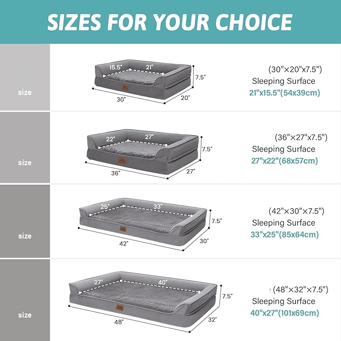 Orthopedic Dog Bed for Extra Large Dog, XL Pet Couch for XLarge Size Dog, Big Supportive Foam Bolster Sofa with Waterproof Lining Cover, Comfort, Washable, 48x32x7.5 in, U Shape, Grey