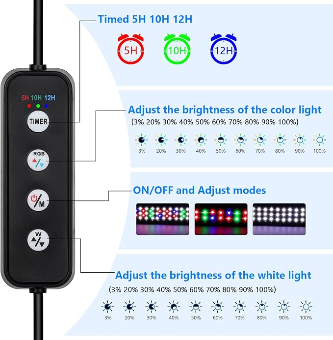 AQQA Aquarium Light,Full Spectrum Fish Tank Light for Plants,3 Mode+Timer+Adjustable Brightness,High Brightness LED Beads with Extendable Brackets for Freshwater (30W for 40-48inch)