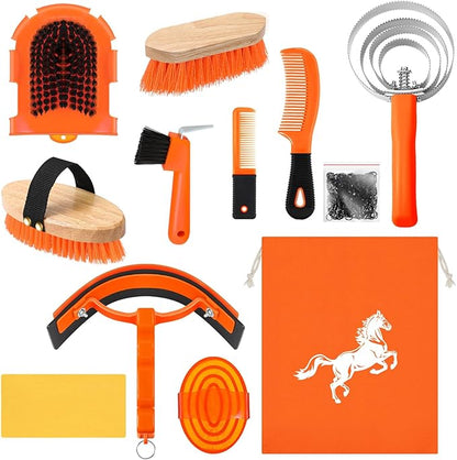 Abbylike 12 Pieces Horse Grooming Kit Racing Festival Tack Room Supplies Horse Brush Sets Equine Care Cleaning Kit Shedding Grooming Massaging Tools(Orange)