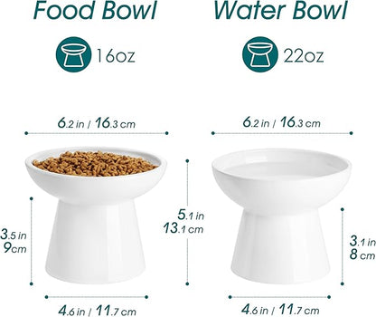 vancasso Ceramic Elevated Cat Bowls 2-Pack - 6.2" Extra Wide Raised Cat Food & Water Dishes, 5.1" Optimal Height Anti-Whisker Fatigue Shallow Bowls for Cats/Kittens/Dogs, Lead & Cadmium Free (White)