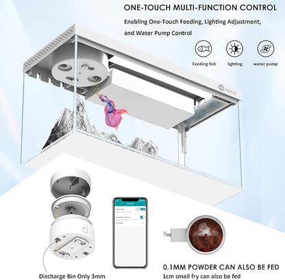 Smart Fish Tank Aquarium Kit with APP Control and Auto Feeder - 1.5 Gal Fish Tank Multi-Layer Filtration System Silent Pump & UHD Glass - 16 Million DIY Colors Includes Mini Magnetic Scrubber Scraper