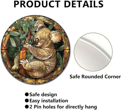 Lygond Metal Sign Tin Sign Circular Stained Glass Koala Kitty Decor for Garden 8×8 Inches