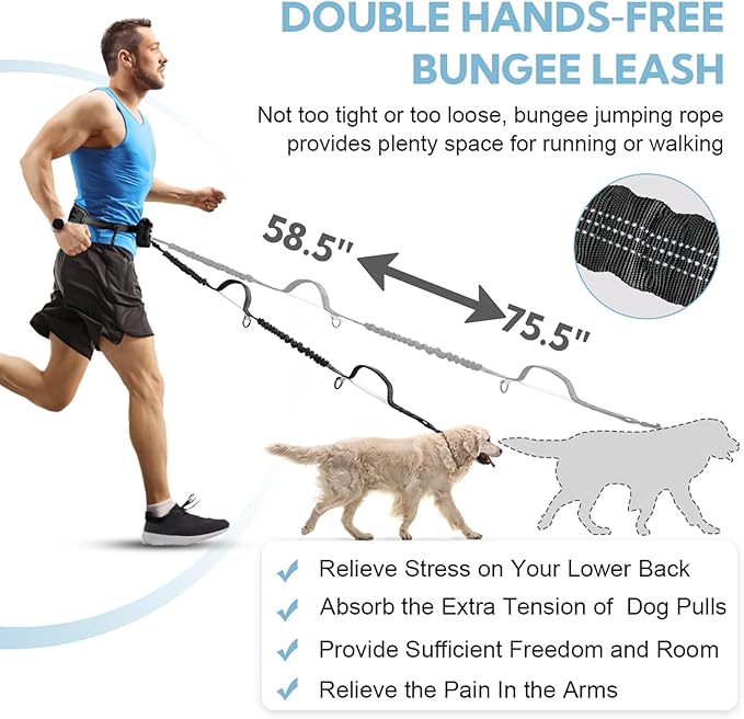 Hands Free Dog Leash, Adjustable Waist Belt with Double Padded Handles, Retractable Bungee for Medium & Large Dogs, Waist Leash for Dog Walking, Running, No Pull, Black