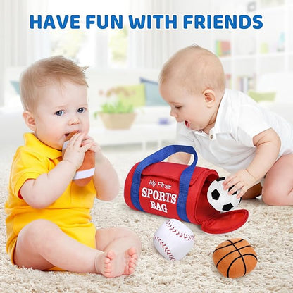 KMUYSL Baby Toys 0-12 Months, My First Sports Bag Plush Toy - 4 Sensory Balls Soft Toys with Crinkle, Rattles for 0-3-6-9-12 Month Newborn Infant, 1st Birthday for Babies Boys Girls Age 1